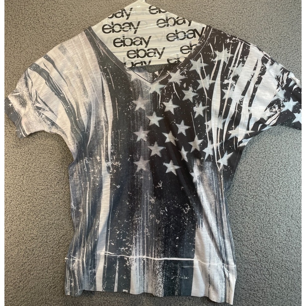 White Black Short Sleeve V Neck Stars Thin Shirt Size XL